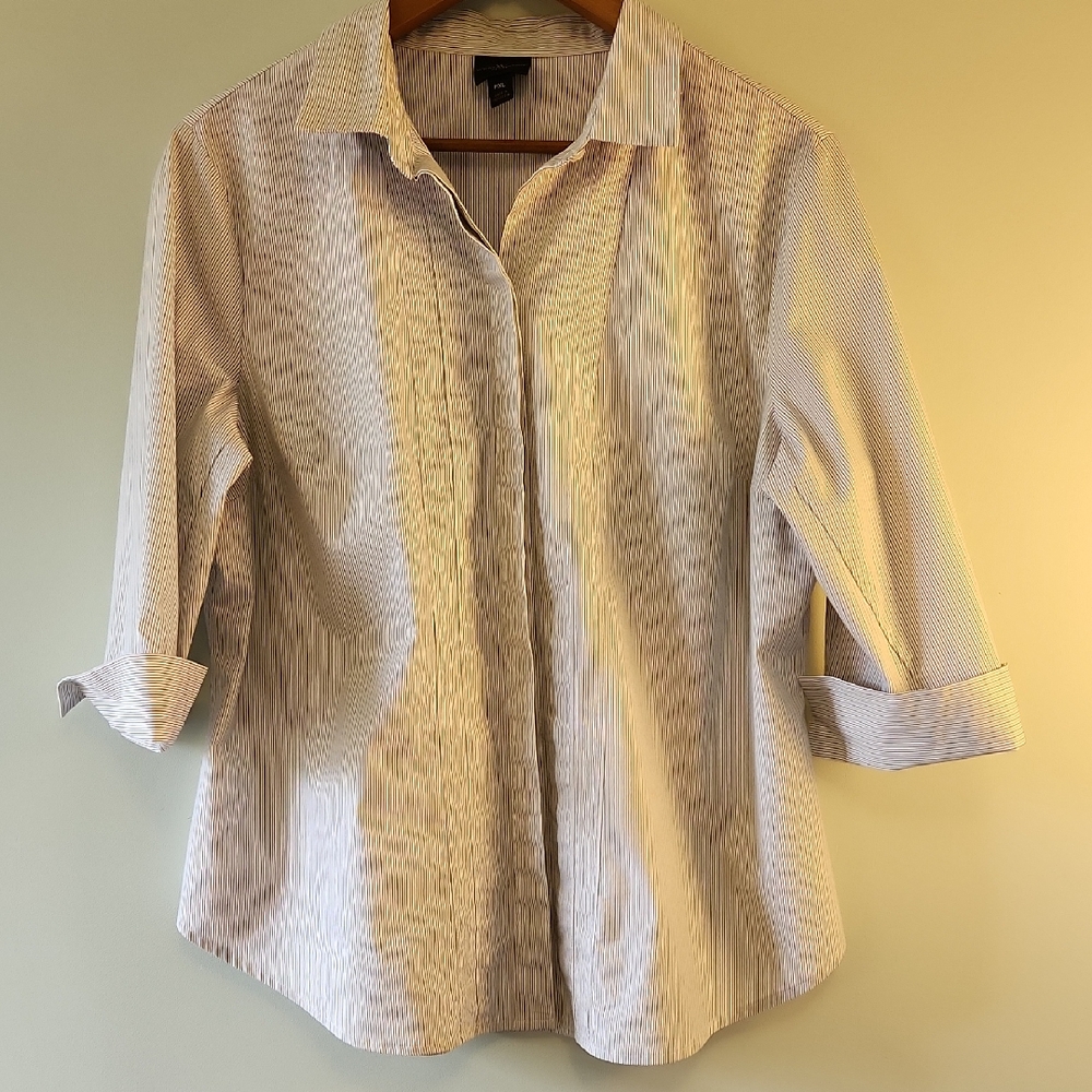 Worthington Petite Button-Down Shirt – Pinstripes, 3/4 Sleeve
